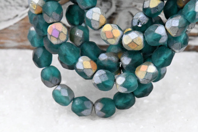 6mm Faceted Round Firepolished Matte Emerald AB Finish Hover Image