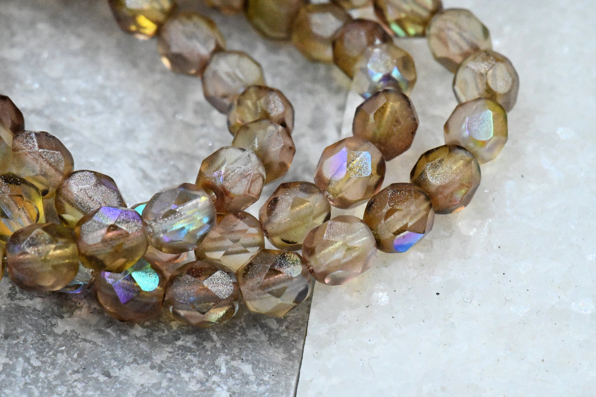 Champagne 6mm Faceted Czech, AB Gold Pink Finish