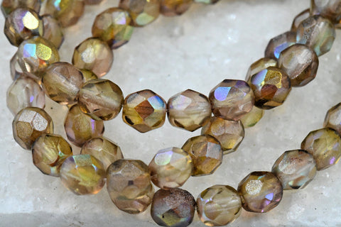 Champagne 6mm Faceted Czech, AB Gold Pink Finish