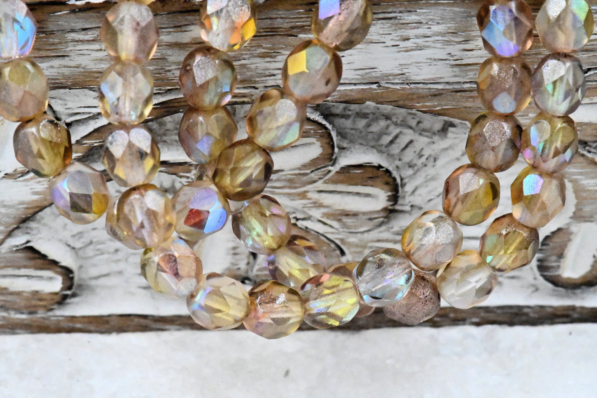 Champagne 6mm Faceted Czech, AB Gold Pink Finish