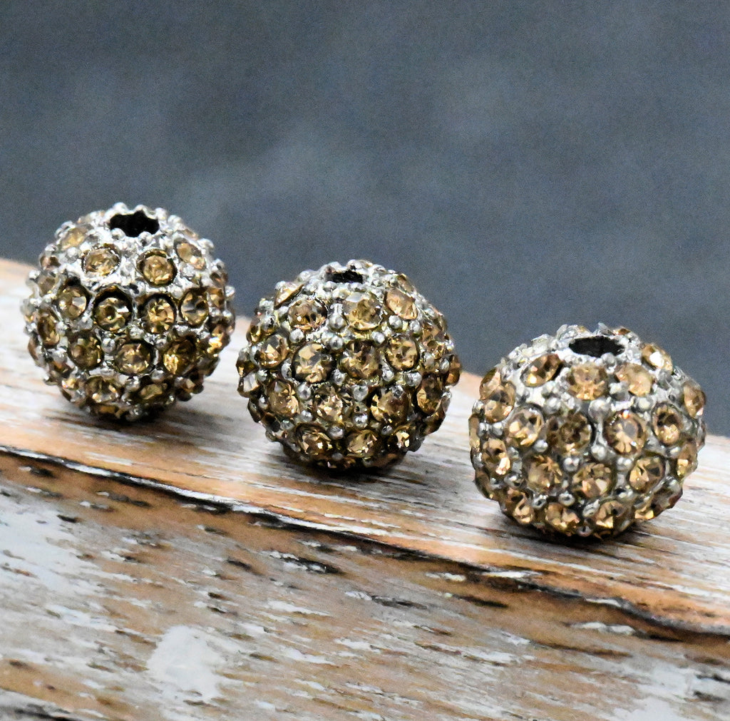 Topaz Crystal Rhodium Plated Pave Beads, 8mm Round, 2pc