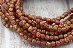 4mm Paprika Red Gold Etched Czech Round Druk