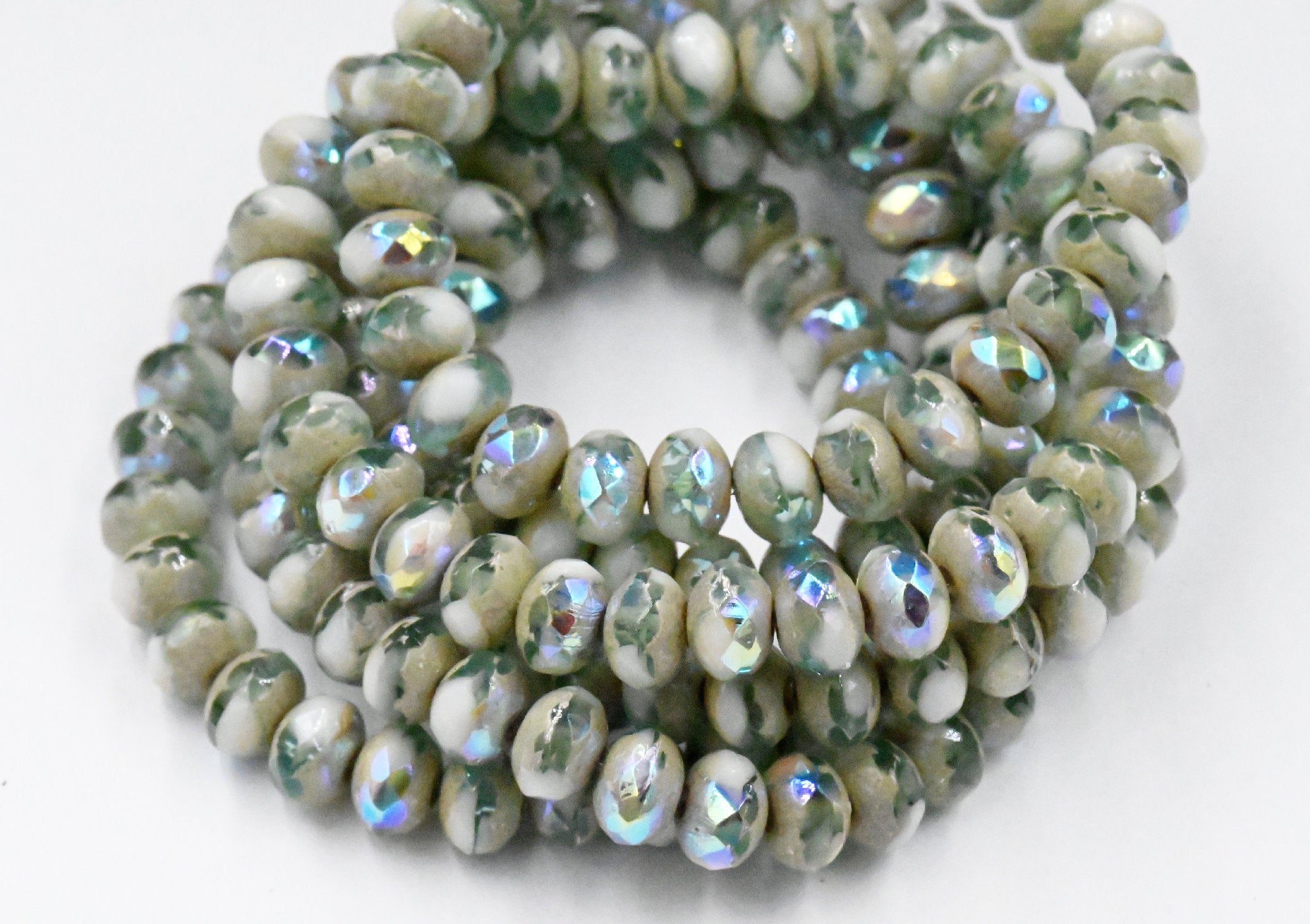 5x3mm Rondelle Tea Green and White with Antique Silver and AB Finishes