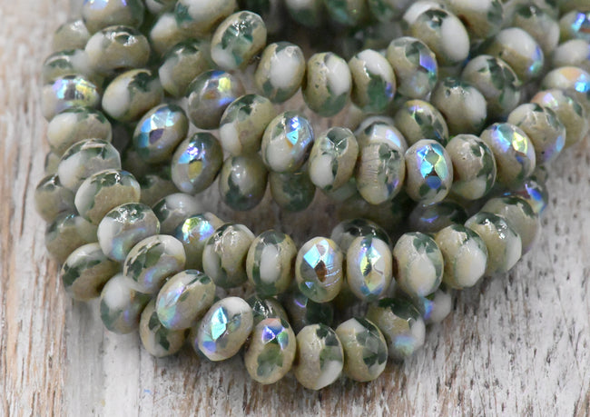 5x3mm Rondelle Tea Green and White with Antique Silver and AB Finishes Main Image