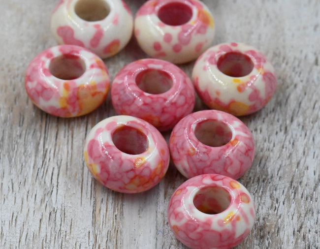 Large Hole Jade, Pink Sunflower European Beads, Round 15mm Hover Image