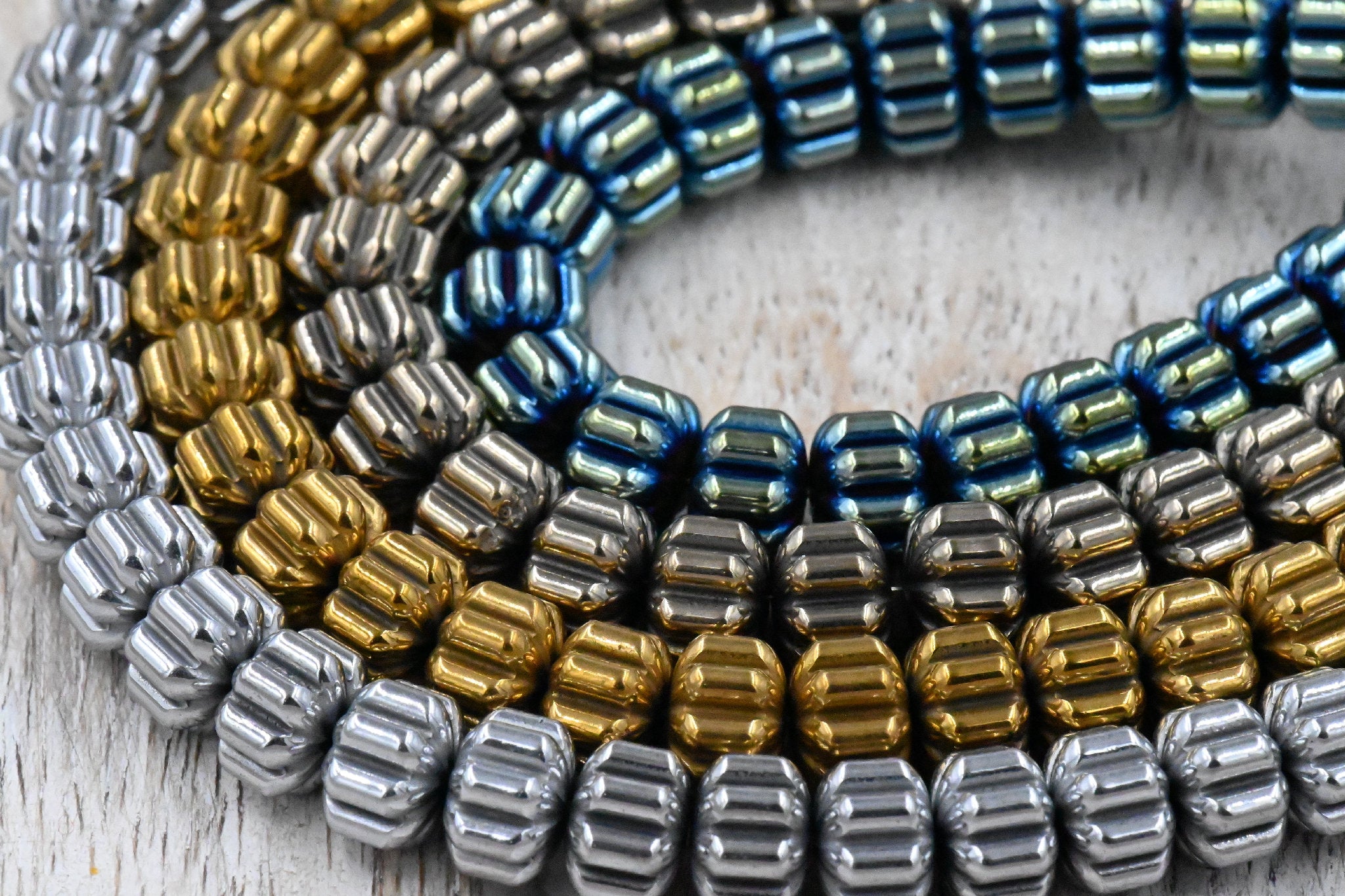 Hematite Corrugated Beads Strands, Pumpkin, Plated, 8x6mm