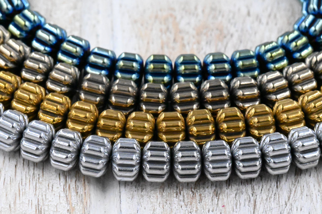 Hematite Corrugated Beads Strands, Pumpkin, Plated, 8x6mm