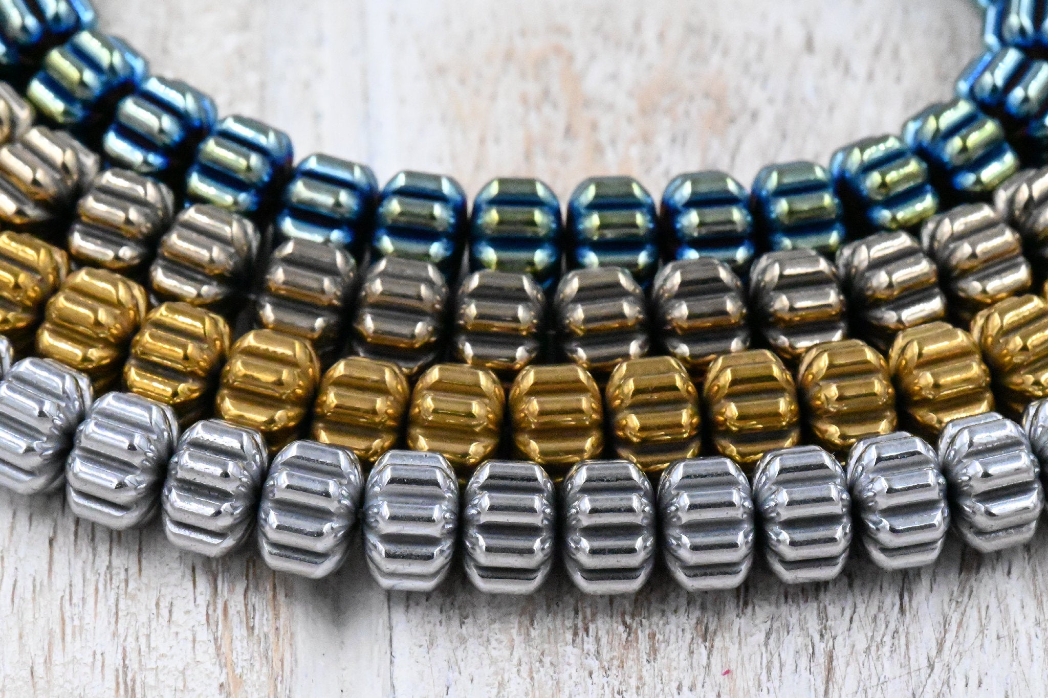 Hematite Corrugated Beads Strands, Pumpkin, Plated, 8x6mm