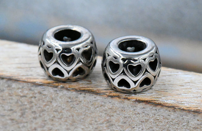 Large Hole Beads, 304 Stainless Steel Spacer Beads, 1pc Column, Hearts Antique Silver, 8.8x12.3mm Main Image