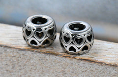 Large Hole Beads, 304 Stainless Steel Spacer Beads, 1pc Column, Hearts Antique Silver, 8.8x12.3mm
