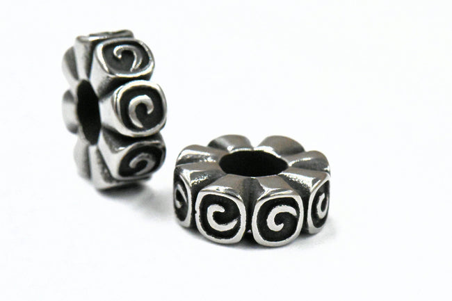 Large Hole Beads, 304 Stainless Steel Spacer Beads, 1pc Swirl Wheel Antique Silver, 5x14mm Main Image