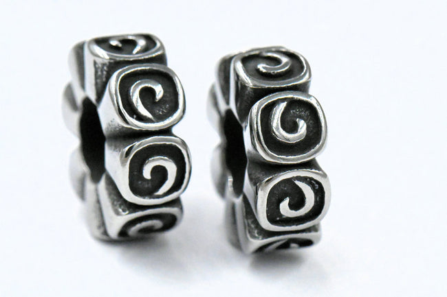 Large Hole Beads, 304 Stainless Steel Spacer Beads, 1pc Swirl Wheel Antique Silver, 5x14mm Hover Image