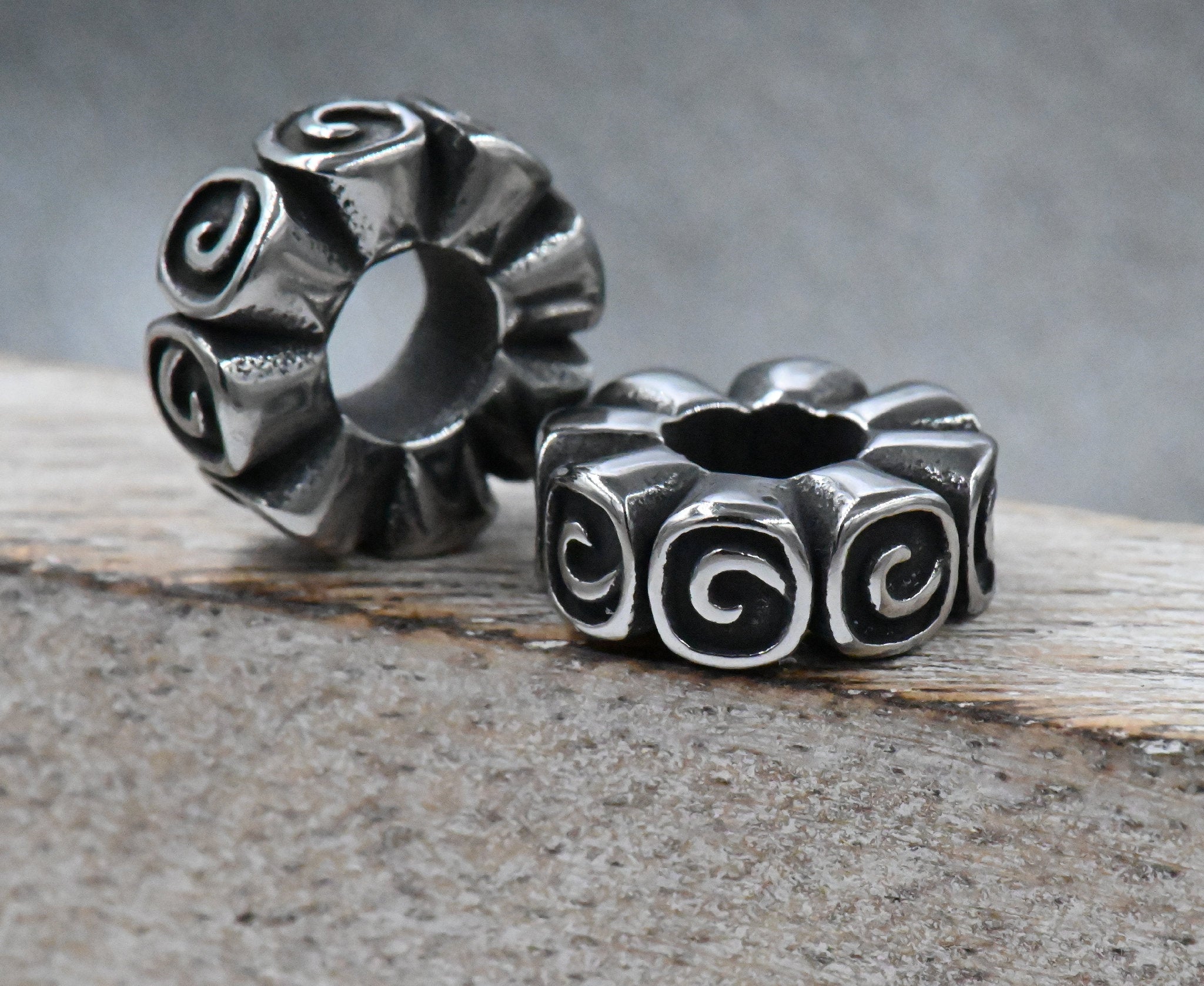 Large Hole Beads, 304 Stainless Steel Spacer Beads, 1pc Swirl Wheel Antique Silver, 5x14mm