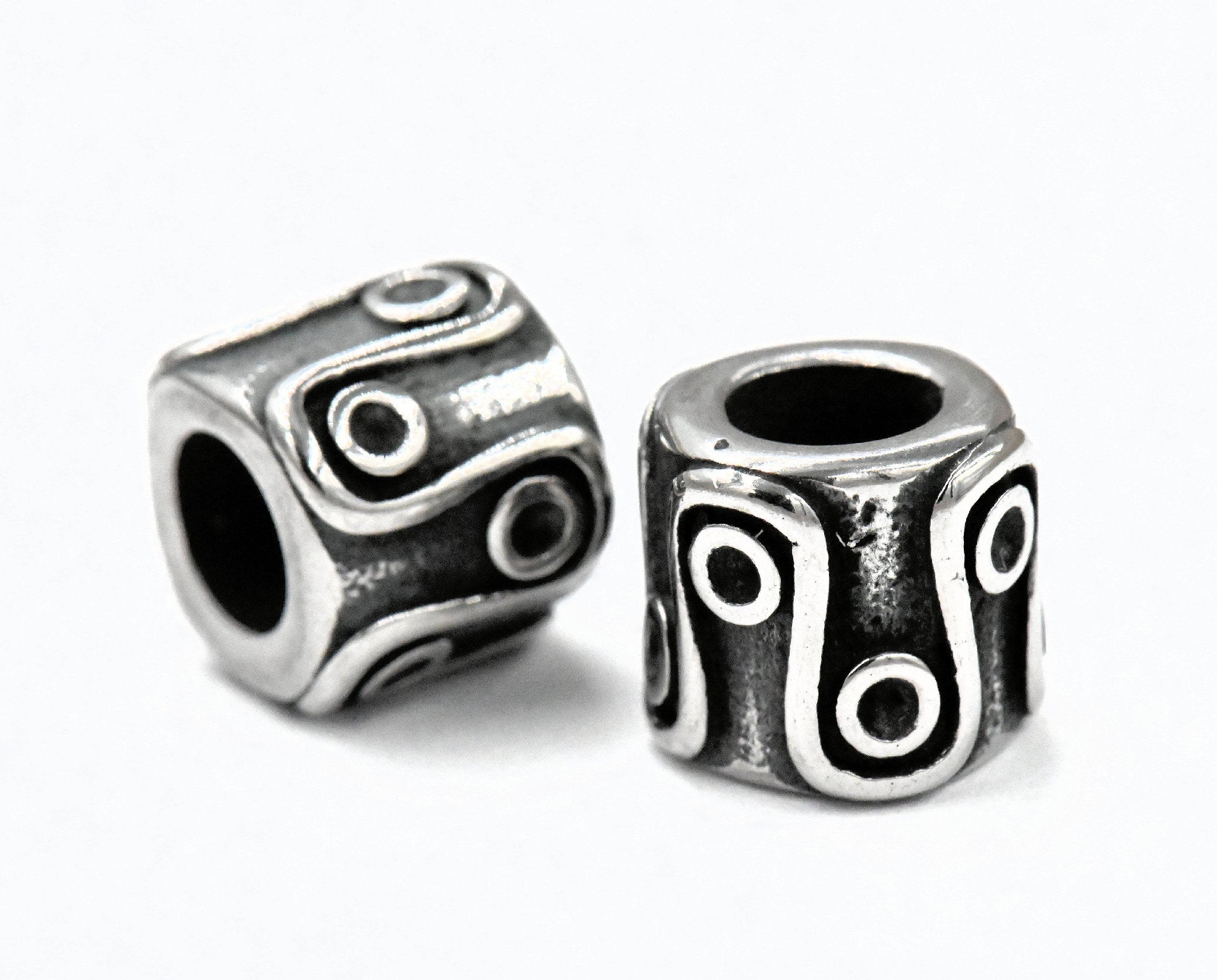 Large Hole Beads, 304 Stainless Steel Spacer Beads, 1pc Column, Swirl Circle Antique Silver, 8.6x9.6mm