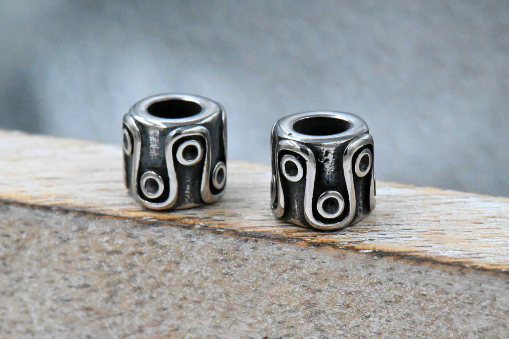 Large Hole Beads, 304 Stainless Steel Spacer Beads, 1pc Column, Swirl Circle Antique Silver, 8.6x9.6mm