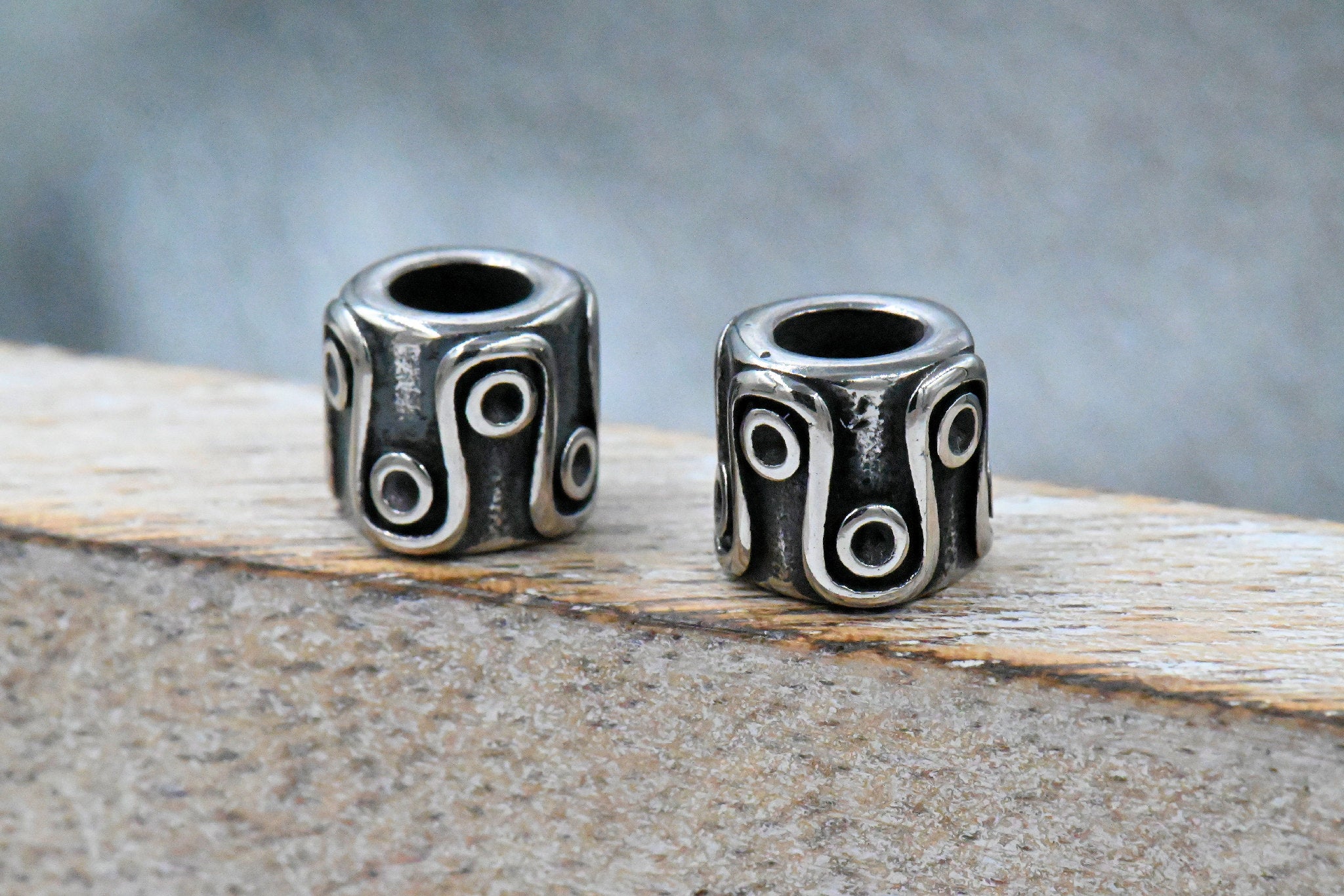 Large Hole Beads, 304 Stainless Steel Spacer Beads, 1pc Column, Swirl Circle Antique Silver, 8.6x9.6mm