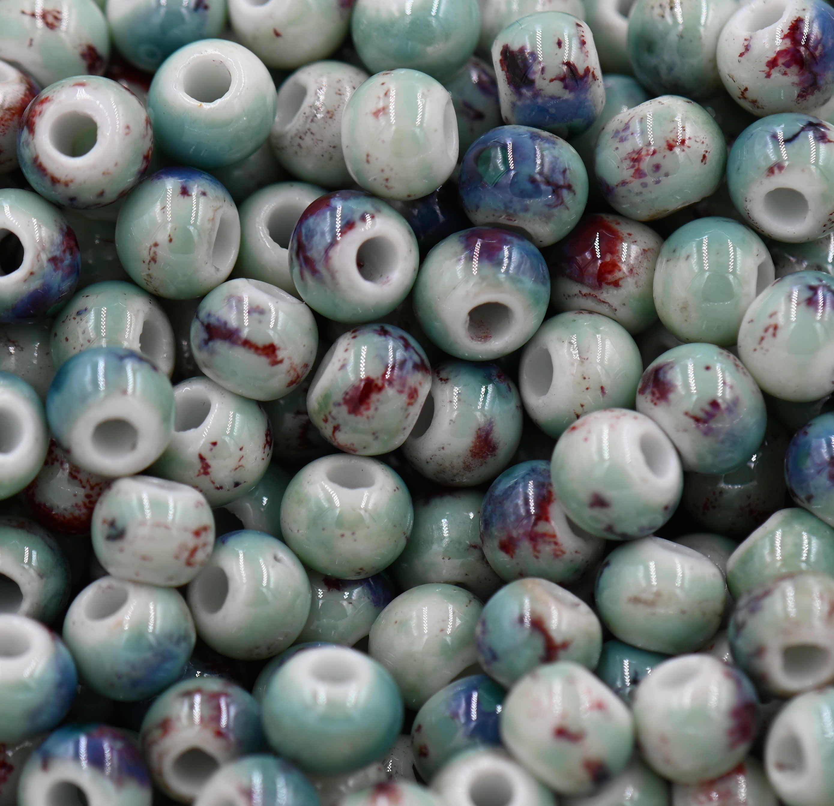 Green Antique Glazed Porcelain, Bohemian look 6mm round bead -50