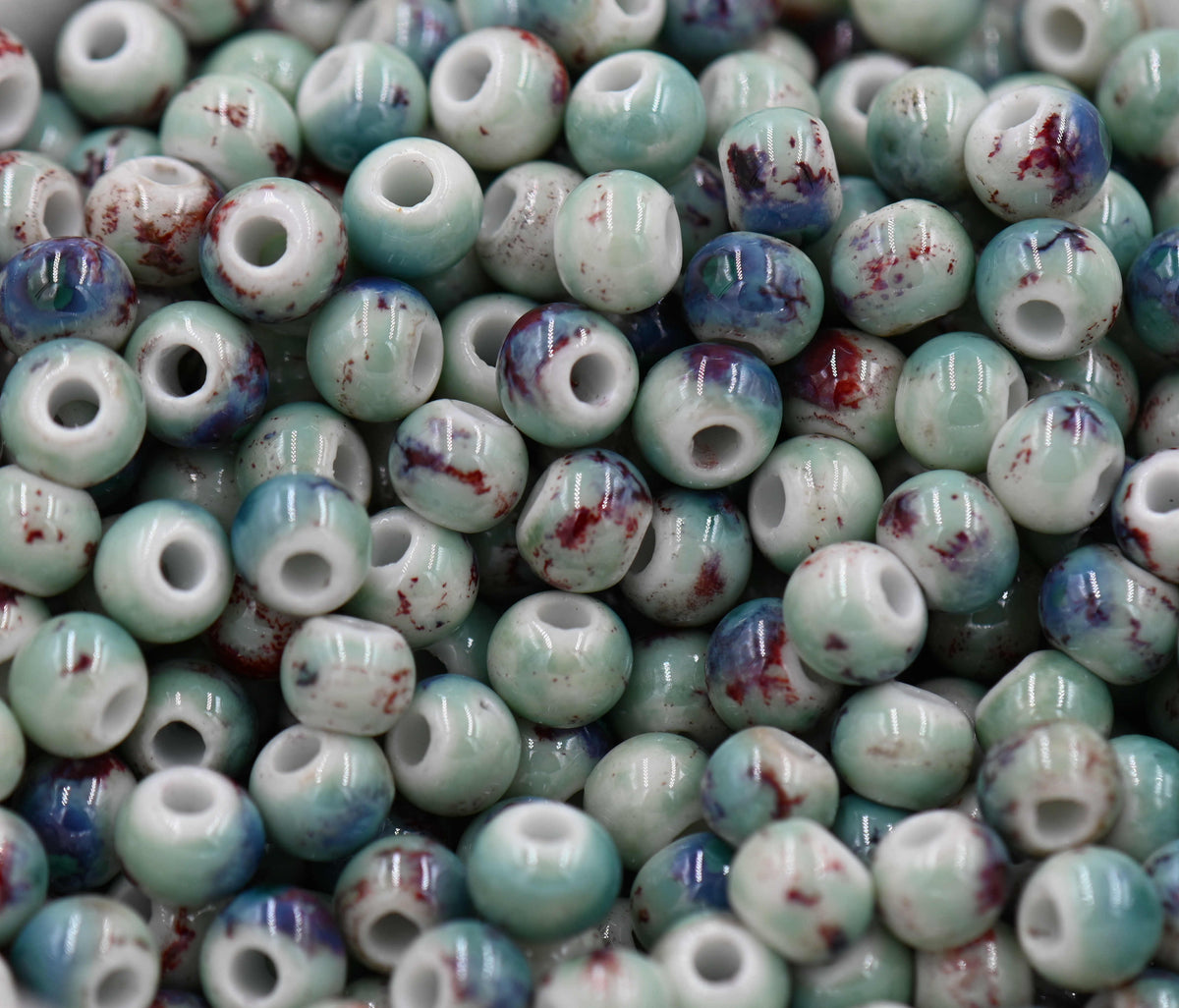 Green Antique Glazed Porcelain, Bohemian look 6mm round bead -50