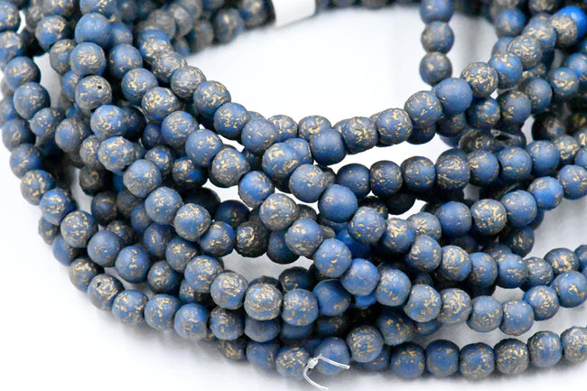 4mm Lapis Blue Gold Etched Czech Round Druk Hover Image