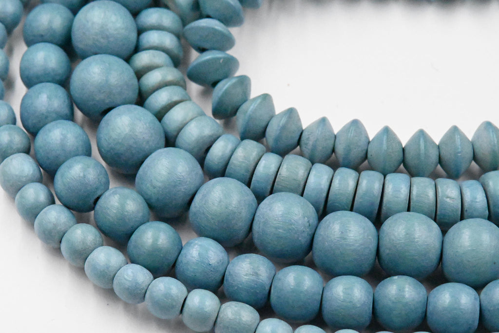 Denim Wash Blue Wood 6-12mm Round, Bicone or Rondelle