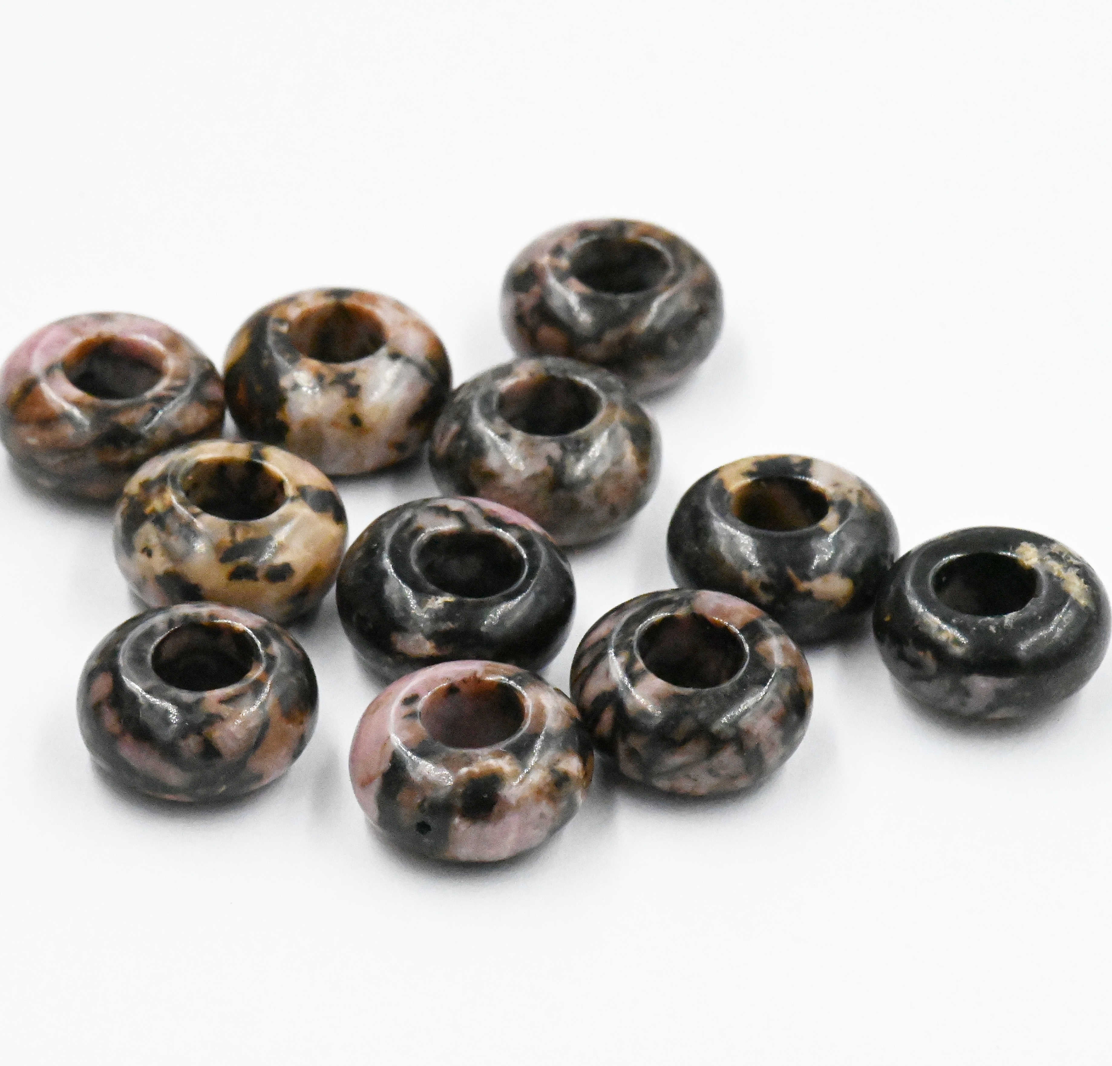 Large Hole Rhodonite, European Beads, Round 12mm