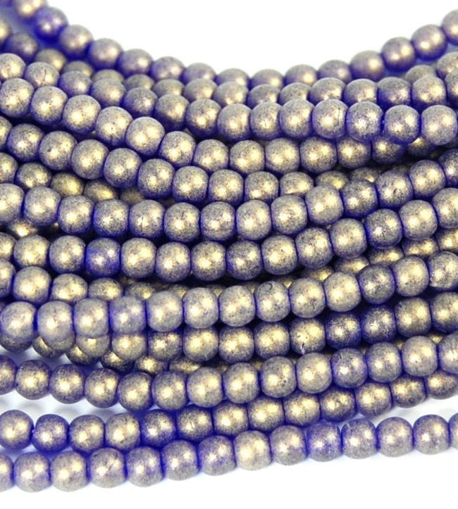 Sueded Gold Cobalt Blue 4mm round beads   - 100 Czech Beads Hover Image