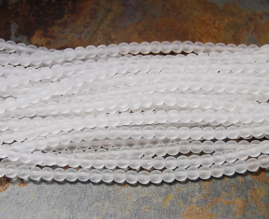 White Crystal 4mm Frosted Matte Glass Round Druk Beads - 100