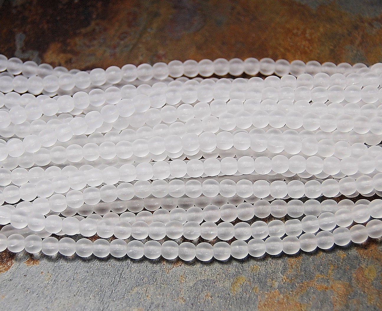 White Crystal 4mm Frosted Matte Glass Round Druk Beads - 100