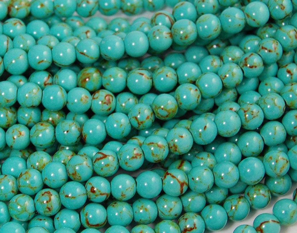6mm Golden Matrix Turquoise Blue Resin Round Beads -15.5 inch strand