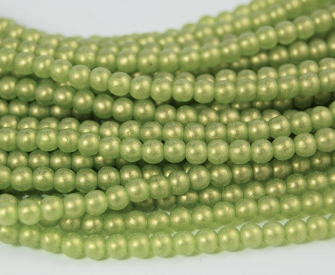 Sueded Gold Olivine Green 4mm round beads   - 100 Czech Beads