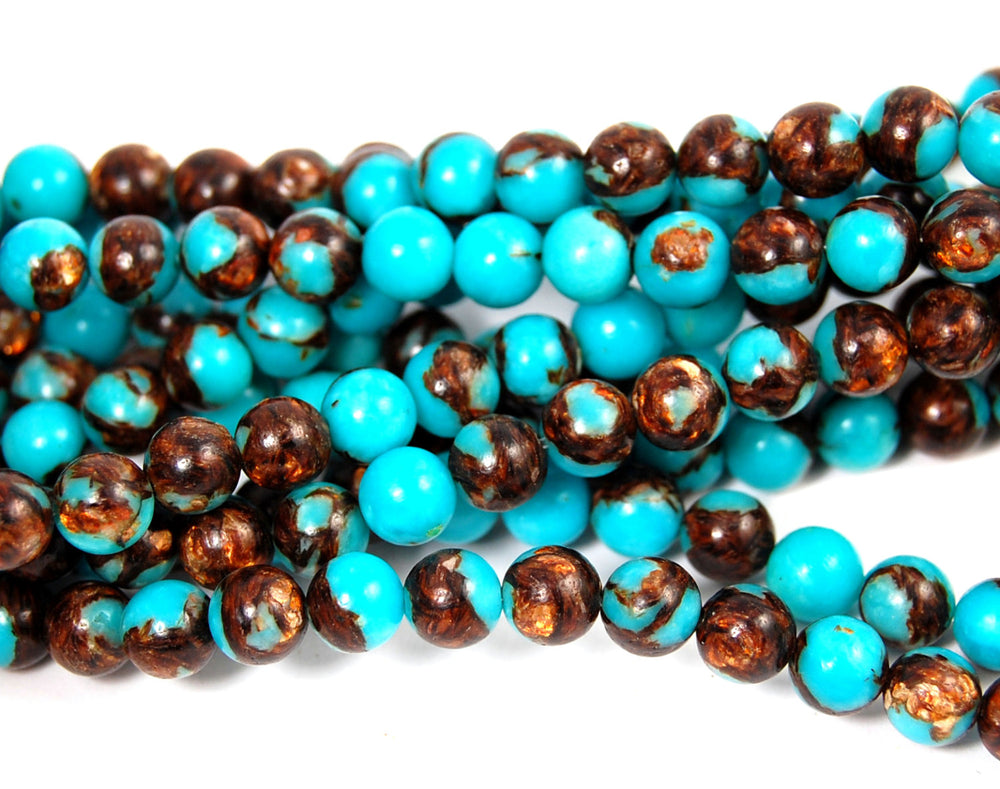 8mm Copper Bronzite and Turquoise Round Beads  -15.5