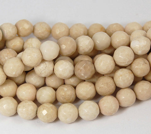 Fossil Beads, 6mm, 8mm, 10mm Fossil Stone Faceted Cream -15 inch strand