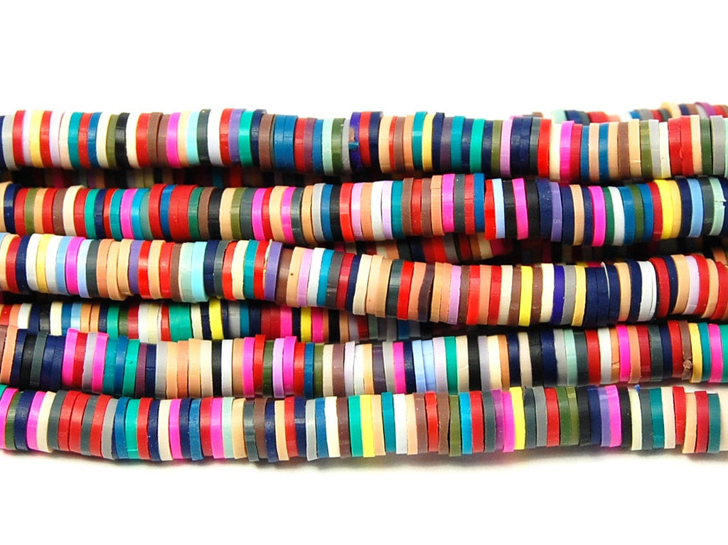 Flat Round Handmade Polymer Clay Bead Spacers, Mixed Color, Full Strand