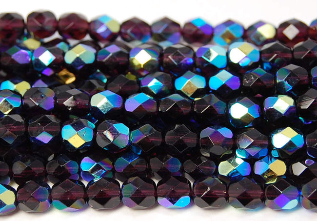 Dark AB Amethyst Purple Czech Glass Faceted 6mm Beads -25 Main Image