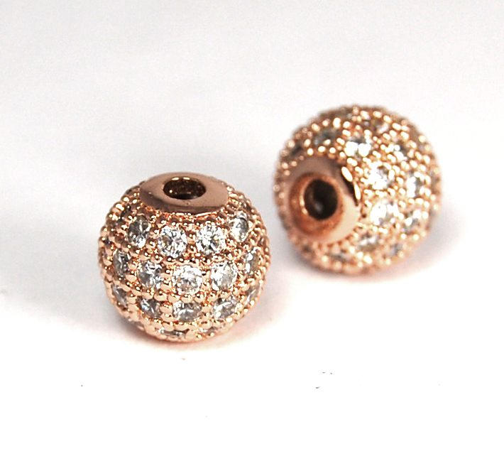 Clear Crystal Rose Gold Cubic Zirconia Beads, 8mm Round
