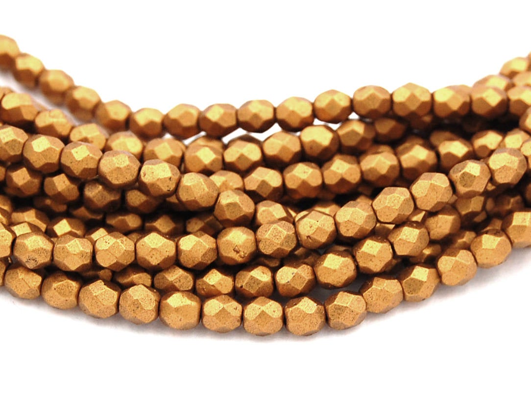 Matte Metallic Antique Gold Czech Glass Firepolished 4mm Beads -50