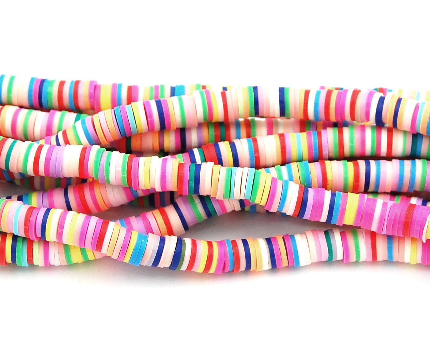Flat Round Handmade Polymer Clay Bead Spacers, Pastel Bright Assorted Color, FULL STRAND