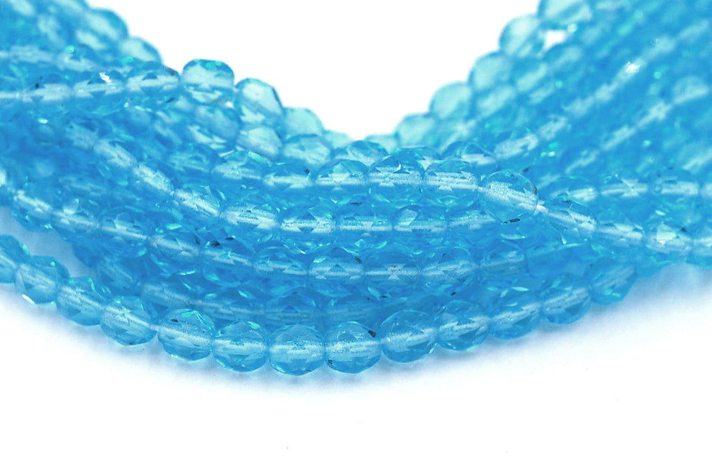 Aquamarine Blue Czech Faceted Glass Bead 4mm Round - 50 Pc