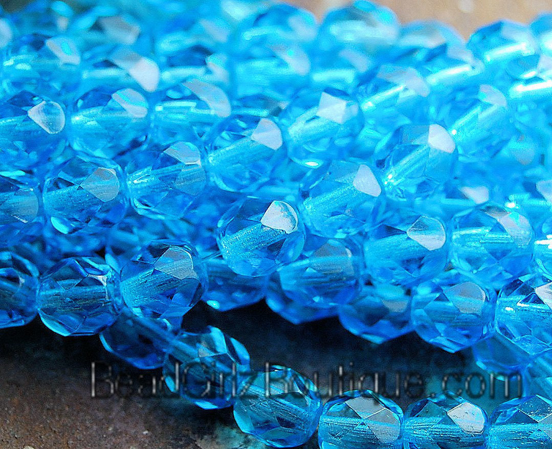 Aquamarine Blue Czech Faceted Glass Bead 4mm Round - 50 Pc