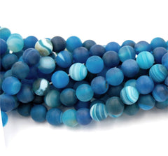 Matte Blue Striped Agate 8mm Frosted Rounds  -15 inch strand