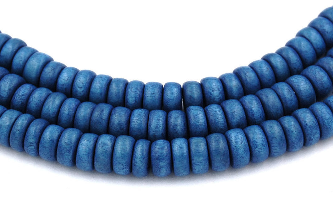North Sea Blue Wood Rondelle 8x4mm, Blue Rondelle Boho Wood Beads -16 inch strand
