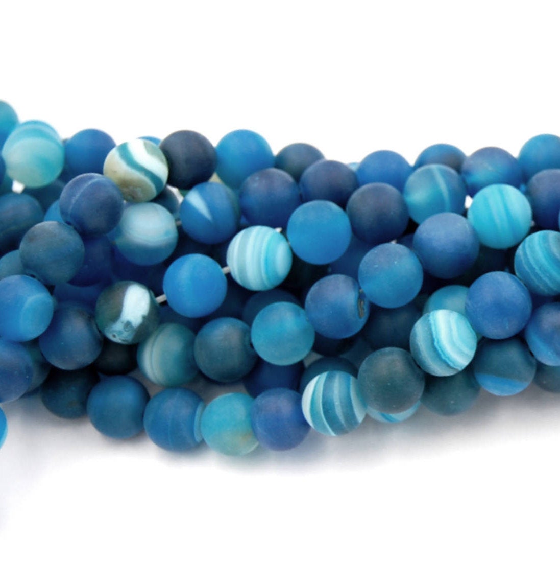 Matte Blue Striped Agate 8mm Frosted Rounds  -15 inch strand