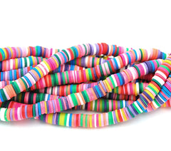 Flat Round Handmade Polymer Clay Bead Spacers, Pastel Bright Assorted Color, FULL STRAND