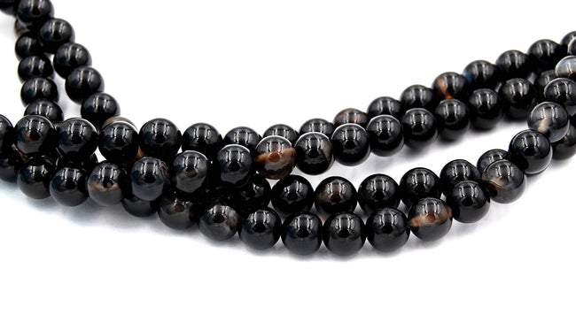 Black/Brown Agate 8mm Shiny round beads -15.5 inch strand Hover Image