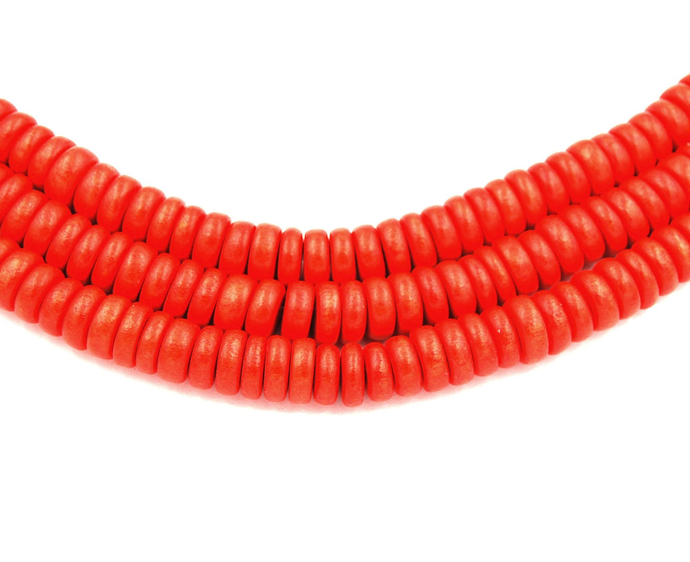 Flame Red Wood Rondelle 8x4mm, Flame Red/Orange Boho Wood Beads -16 inch strand
