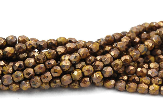 Opaque Yellow Bronze Picasso Czech Glass Bead 4mm Round - 50 Pc Hover Image