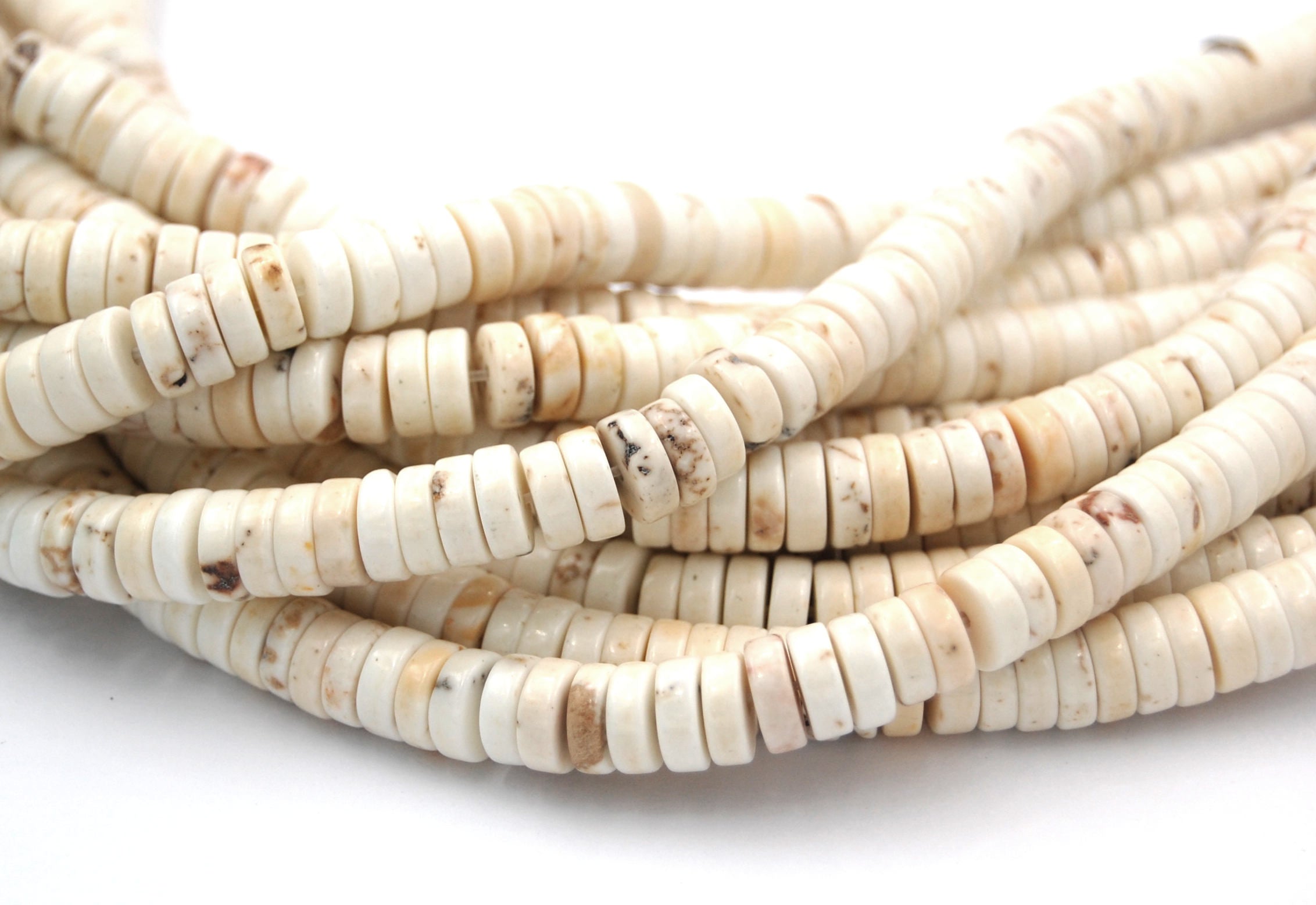 8x3mm Golden Matrix Creamy White Magnesite Wheel Rondelle Beads -15.75 inch strand