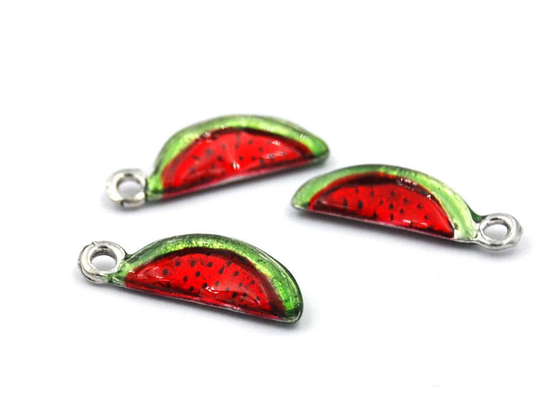 Watermelon Charm, Hand Painted Watermelon Silver Pewter Charm -1