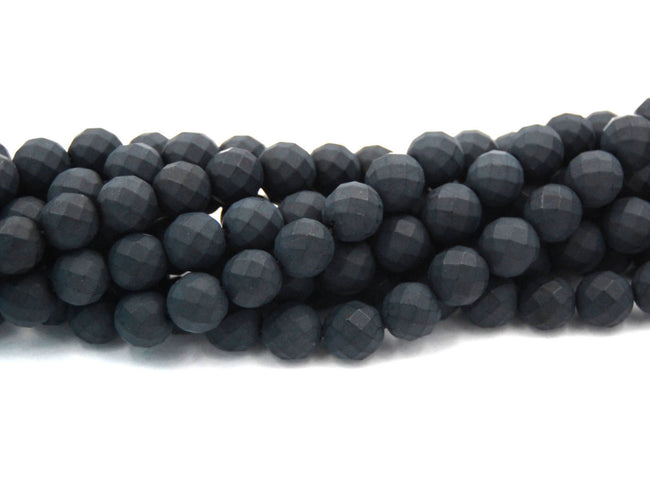8mm Faceted Black Agate, Frosted Round Beads in Opaque Matte Finish -15 inch strand Hover Image