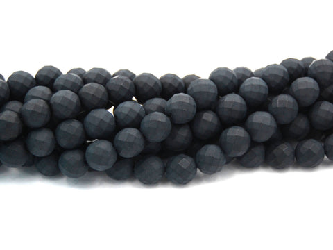 8mm Faceted Black Agate, Frosted Round Beads in Opaque Matte Finish -15 inch strand